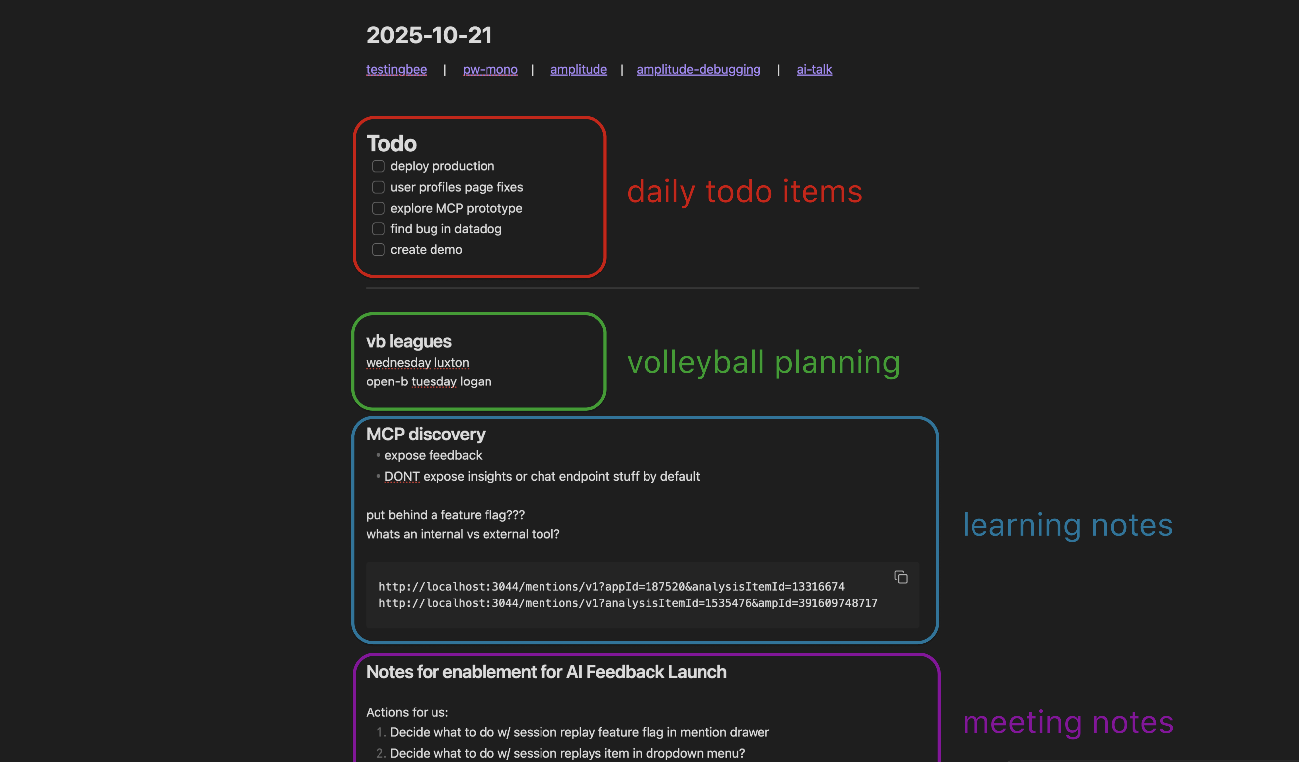 Unstructured note-taking example in Obsidian